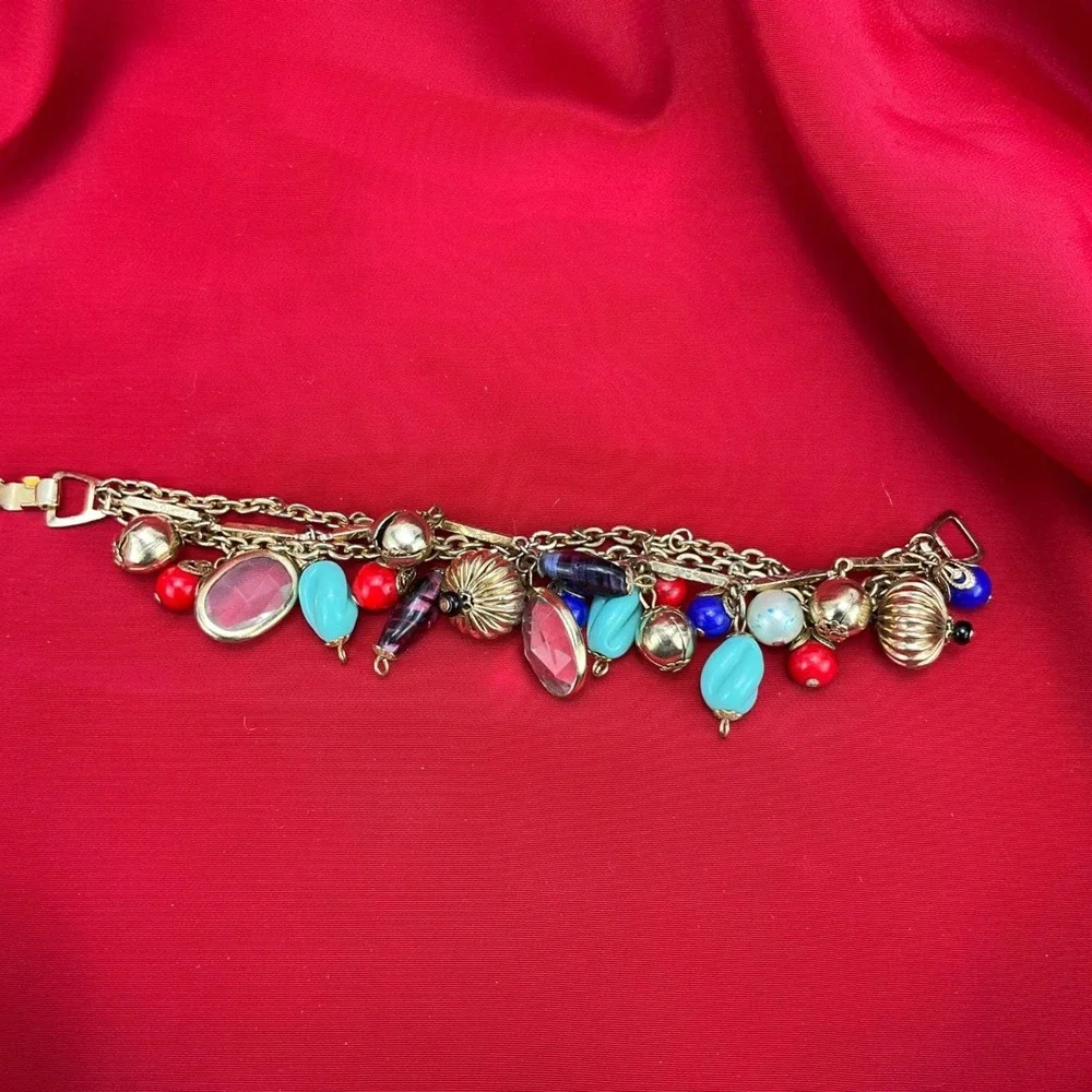 Vintage Gold Tone Multi Strand Colorful Bead and Glass Charm‎ Bracelet 7.5 Inch